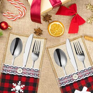 Christmas Burlap Cutlery Holders Pouch Bags with Lace Utensil , Knifes Forks Napkin Utensil Silverware Holders Buffalo Check Plaid Xmas Tableware Decor Set for Christmas Wedding Party 8 Packs