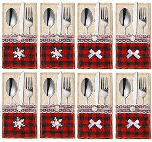 christmas burlap cutlery holders pouch bags with lace utensil , knifes forks napkin utensil silverware holders buffalo check plaid xmas tableware decor set for christmas wedding party 8 packs