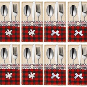 Christmas Burlap Cutlery Holders Pouch Bags with Lace Utensil , Knifes Forks Napkin Utensil Silverware Holders Buffalo Check Plaid Xmas Tableware Decor Set for Christmas Wedding Party 8 Packs