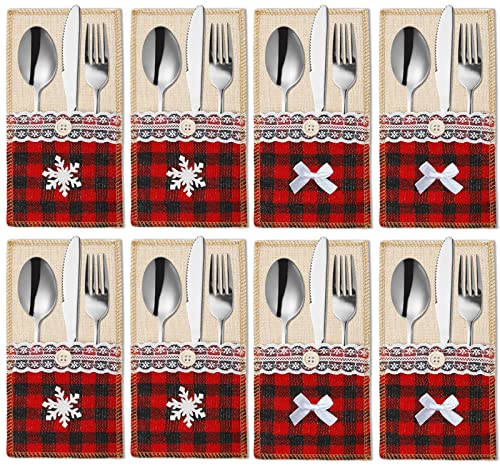 Christmas Burlap Cutlery Holders Pouch Bags with Lace Utensil , Knifes Forks Napkin Utensil Silverware Holders Buffalo Check Plaid Xmas Tableware Decor Set for Christmas Wedding Party 8 Packs