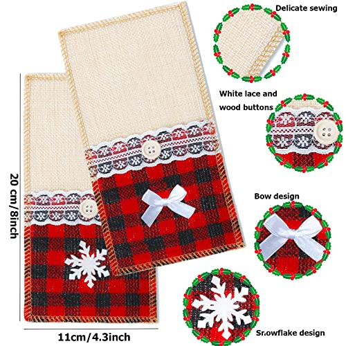 Christmas Burlap Cutlery Holders Pouch Bags with Lace Utensil , Knifes Forks Napkin Utensil Silverware Holders Buffalo Check Plaid Xmas Tableware Decor Set for Christmas Wedding Party 8 Packs