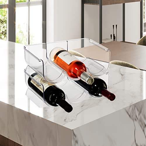 OGGI Bottle Rack for Wine, 6 Bottle Wine Storage - Stackable Wine Rack with Secure Stack Tabs. Ideal Wine Bottle Holder for Kitchen, Cabinet, Pantry, Fridge - Each Rack Holds 3 Bottles, 2 Pack - Clear