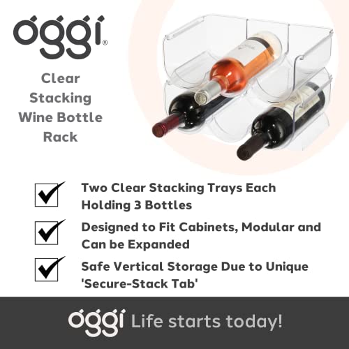 OGGI Bottle Rack for Wine, 6 Bottle Wine Storage - Stackable Wine Rack with Secure Stack Tabs. Ideal Wine Bottle Holder for Kitchen, Cabinet, Pantry, Fridge - Each Rack Holds 3 Bottles, 2 Pack - Clear