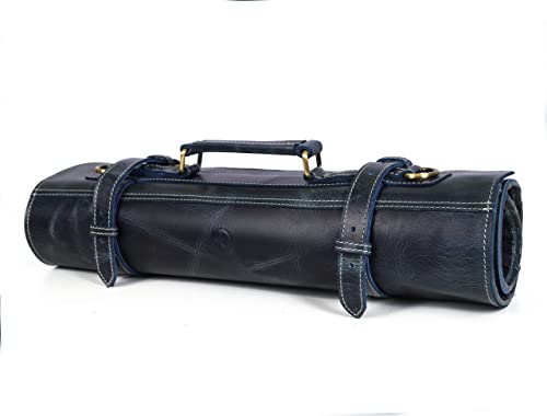 Leather Knife Roll Storage Bag, Elastic and Expandable 10 Pockets, Adjustable/Detachable Shoulder Strap, Travel-Friendly Chef Knife Case (Sapphire Blue, Leather)