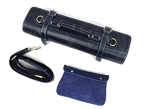 Leather Knife Roll Storage Bag, Elastic and Expandable 10 Pockets, Adjustable/Detachable Shoulder Strap, Travel-Friendly Chef Knife Case (Sapphire Blue, Leather)