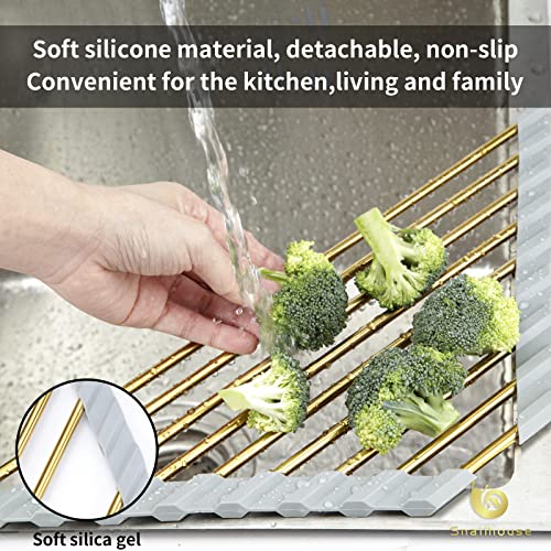 Snailhouse Roll Up Dish Drying Rack, Stainless Steel Dish Drainer Over The Sink with Anti-Slip Silicone for Kitchen Counter, Gold