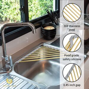 Snailhouse Roll Up Dish Drying Rack, Stainless Steel Dish Drainer Over The Sink with Anti-Slip Silicone for Kitchen Counter, Gold