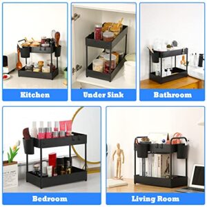 Kitchen Storage, Under Sink Organizer, NAYAHOSE 2 Tier Bathroom Storage Organizer Countertop with 4 Hanging Cups, 2 Handles, Under Cabinet Storage Tray Organize Holder for Cosmetics, Makeups, Spices