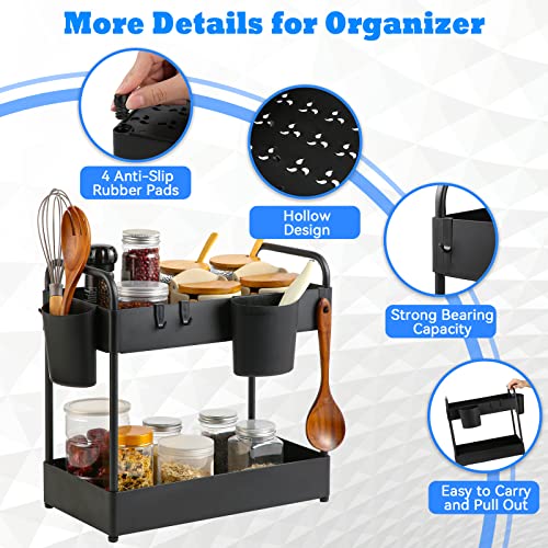 Kitchen Storage, Under Sink Organizer, NAYAHOSE 2 Tier Bathroom Storage Organizer Countertop with 4 Hanging Cups, 2 Handles, Under Cabinet Storage Tray Organize Holder for Cosmetics, Makeups, Spices