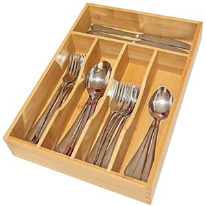 timgou 20 pcs silverware set with organizer, 18/8 stainless steel cutlery set with utensils bamboo tray for kitchen drawer, serving flatware for 4 with storage holder