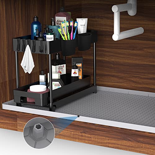 KOCWELL 2 Tier Under Sink Organizer and Under Sink Mat 34" x 22" Set, Sliding Under Bathroom Cabinet Storage Drawer Organizer with Hooks, Hanging Cup, Multi-purpose Under Sink Shelf Organizer