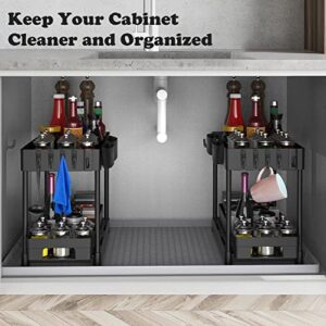 KOCWELL 2 Tier Under Sink Organizer and Under Sink Mat 34" x 22" Set, Sliding Under Bathroom Cabinet Storage Drawer Organizer with Hooks, Hanging Cup, Multi-purpose Under Sink Shelf Organizer