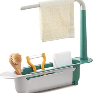 Telescopic Sink Sponges Storage Rack, 11.8 -17.7inch Adjustable Soap Sponge Organizer for Kitchen Sponge and Soap Expandable Storage Drain Basket with Dishcloth Hanger…