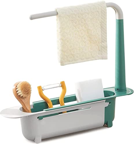 Telescopic Sink Sponges Storage Rack, 11.8 -17.7inch Adjustable Soap Sponge Organizer for Kitchen Sponge and Soap Expandable Storage Drain Basket with Dishcloth Hanger…