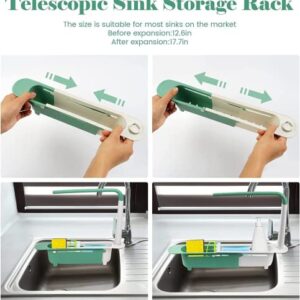 Telescopic Sink Sponges Storage Rack, 11.8 -17.7inch Adjustable Soap Sponge Organizer for Kitchen Sponge and Soap Expandable Storage Drain Basket with Dishcloth Hanger…