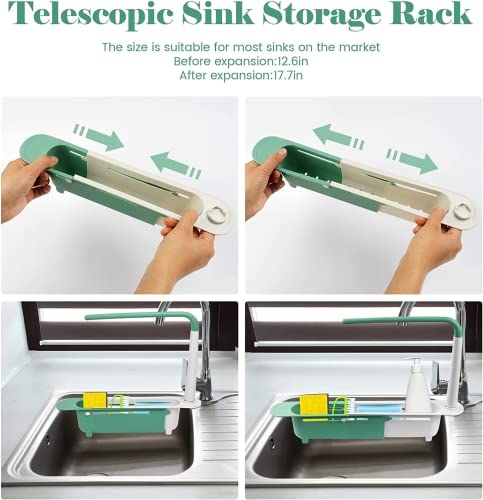 Telescopic Sink Sponges Storage Rack, 11.8 -17.7inch Adjustable Soap Sponge Organizer for Kitchen Sponge and Soap Expandable Storage Drain Basket with Dishcloth Hanger…