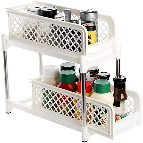 Frcctre 2 Tier Under Sink Cabinet Organizer with Sliding Storage Drawer, White Storage Organizer Baskets with Pull Out Drawers for Kitchen, Countertop, Pantry, Under The Sink, Desktop