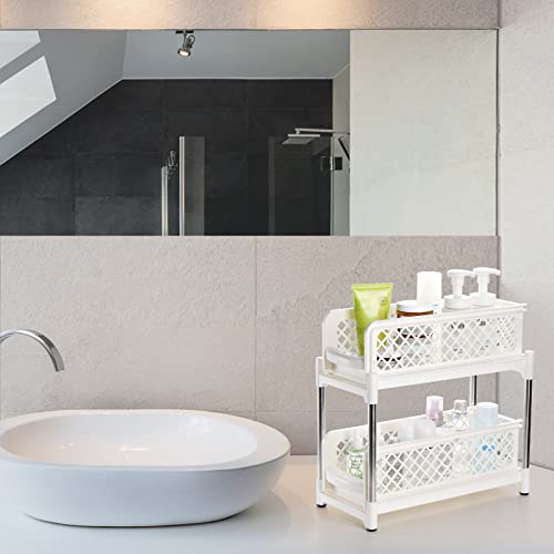 Frcctre 2 Tier Under Sink Cabinet Organizer with Sliding Storage Drawer, White Storage Organizer Baskets with Pull Out Drawers for Kitchen, Countertop, Pantry, Under The Sink, Desktop