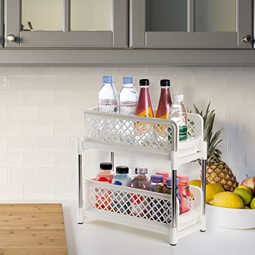 Frcctre 2 Tier Under Sink Cabinet Organizer with Sliding Storage Drawer, White Storage Organizer Baskets with Pull Out Drawers for Kitchen, Countertop, Pantry, Under The Sink, Desktop