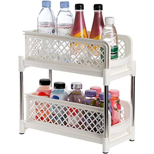 Frcctre 2 Tier Under Sink Cabinet Organizer with Sliding Storage Drawer, White Storage Organizer Baskets with Pull Out Drawers for Kitchen, Countertop, Pantry, Under The Sink, Desktop