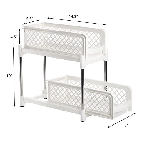 Frcctre 2 Tier Under Sink Cabinet Organizer with Sliding Storage Drawer, White Storage Organizer Baskets with Pull Out Drawers for Kitchen, Countertop, Pantry, Under The Sink, Desktop