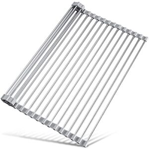 attom tech home 17.7″ x 15.5″ large dish drying rack, roll up dish racks multipurpose foldable stainless steel over sink kitchen drainer rack for cups fruits vegetables