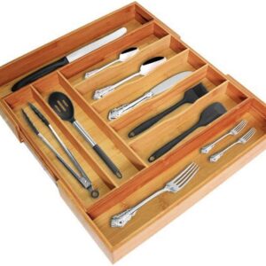 Bamboo Drawer Organizer Kitchen Silverware Utensil tray for Spoons Fork Cutlery Holder Cabinet with Expandable Dividers Adjustable Trays Wooden Flatware Storage Accessories Made with 100% Bamboo