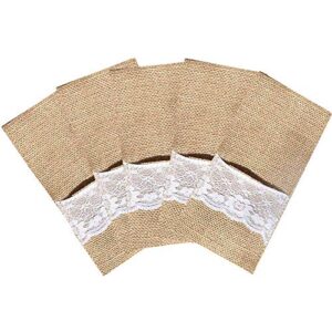 50 packs burlap lace utensil holders pouch jute napkin holders linen silverware cutlery knife and fork bags pocket for vintage rustic country theme weddings, christmas thanksgiving party decorations