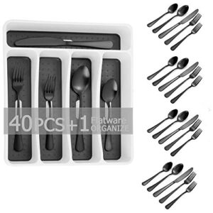 black 40-piece silverware set, flatware set with organizer mirror polished, dishwasher safe service for 8, include knife fork/spoon with 5-compartment non slip drawer organizer box tray(black)