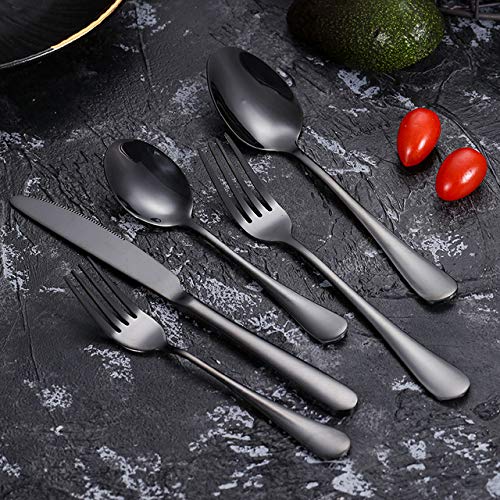 Black 40-Piece Silverware Set, Flatware Set with Organizer Mirror Polished, Dishwasher Safe Service for 8, Include Knife Fork/Spoon with 5-Compartment Non Slip Drawer Organizer Box Tray(Black)