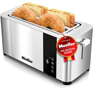 mueller ultratoast full stainless steel toaster 4 slice, long extra-wide slots with removable tray, cancel/defrost/reheat functions, 6 browning levels with led display