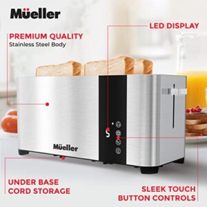 Mueller UltraToast Full Stainless Steel Toaster 4 Slice, Long Extra-Wide Slots with Removable Tray, Cancel/Defrost/Reheat Functions, 6 Browning Levels with LED Display