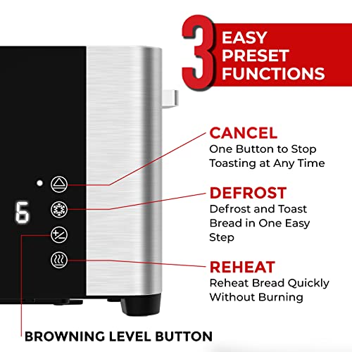 Mueller UltraToast Full Stainless Steel Toaster 4 Slice, Long Extra-Wide Slots with Removable Tray, Cancel/Defrost/Reheat Functions, 6 Browning Levels with LED Display
