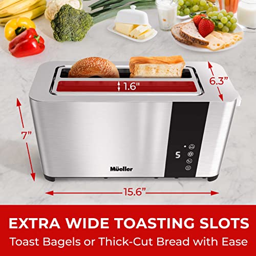 Mueller UltraToast Full Stainless Steel Toaster 4 Slice, Long Extra-Wide Slots with Removable Tray, Cancel/Defrost/Reheat Functions, 6 Browning Levels with LED Display