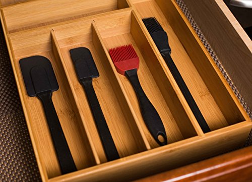 BirdRock Home 2 pc Bamboo Utility Drawer Organizer – Utensil Silverware – Spoon Knife Fork –18 Inch – Large – Natural Wood – Tray – Adjustable Kitchen Organization