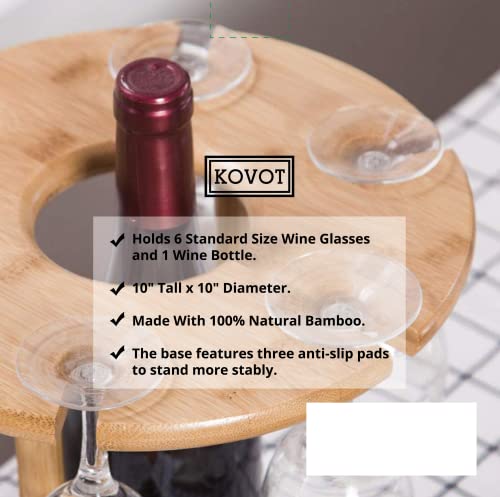 KOVOT Bamboo Countertop Wine Glass Rack – Holds 6 Stemmed Wine Glasses and 1 Wine Bottle – Durable and Reliable Tabletop Centerpiece – Simple But Stylish Wine Glass Holder – Perfect for Home & Bars.