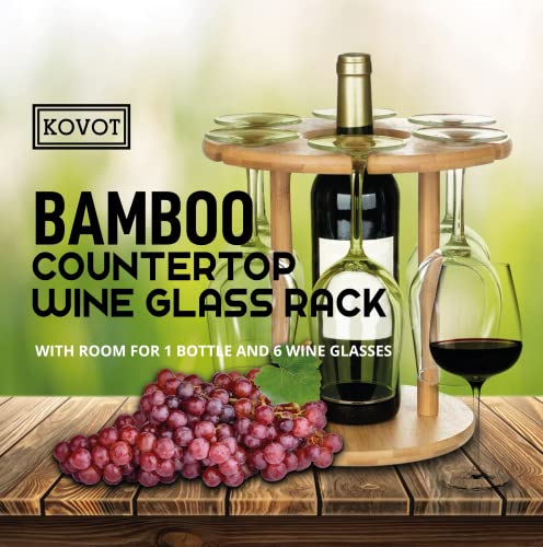 KOVOT Bamboo Countertop Wine Glass Rack – Holds 6 Stemmed Wine Glasses and 1 Wine Bottle – Durable and Reliable Tabletop Centerpiece – Simple But Stylish Wine Glass Holder – Perfect for Home & Bars.