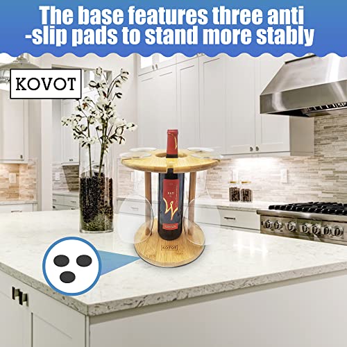 KOVOT Bamboo Countertop Wine Glass Rack – Holds 6 Stemmed Wine Glasses and 1 Wine Bottle – Durable and Reliable Tabletop Centerpiece – Simple But Stylish Wine Glass Holder – Perfect for Home & Bars.