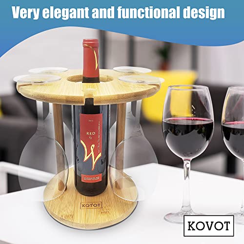 KOVOT Bamboo Countertop Wine Glass Rack – Holds 6 Stemmed Wine Glasses and 1 Wine Bottle – Durable and Reliable Tabletop Centerpiece – Simple But Stylish Wine Glass Holder – Perfect for Home & Bars.