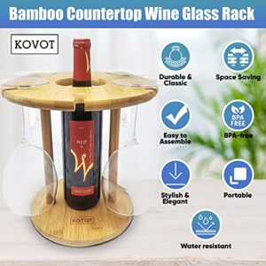 KOVOT Bamboo Countertop Wine Glass Rack – Holds 6 Stemmed Wine Glasses and 1 Wine Bottle – Durable and Reliable Tabletop Centerpiece – Simple But Stylish Wine Glass Holder – Perfect for Home & Bars.