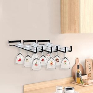Oppro 4 Pack Wine Glass Holder, Metal Wall Mounted Glass Rack Holds 16 Red Wine Glass with Screws and 8pcs Wine Charms, Multifunctional Iron Hanging Storage Rack Under Cabinet, Black 4 Rows