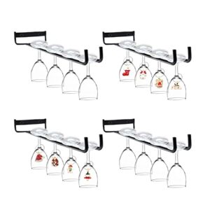 oppro 4 pack wine glass holder, metal wall mounted glass rack holds 16 red wine glass with screws and 8pcs wine charms, multifunctional iron hanging storage rack under cabinet, black 4 rows
