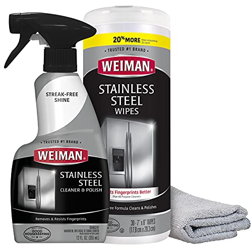 Weiman Stainless Steel Cleaner Kit - Fingerprint Resistant, Removes Residue, Water Marks and Grease from Appliances - Works Great on Refrigerators, Dishwashers, Ovens, and Grills - Packaging May Vary