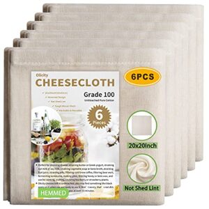 olicity cheese cloths, grade 100, 20x20inch hemmed cheesecloth for straining reusable, 100% unbleached precut cheese cloth strainer muslin cloth for cooking, baking, juicing, cheese making – 6 pcs