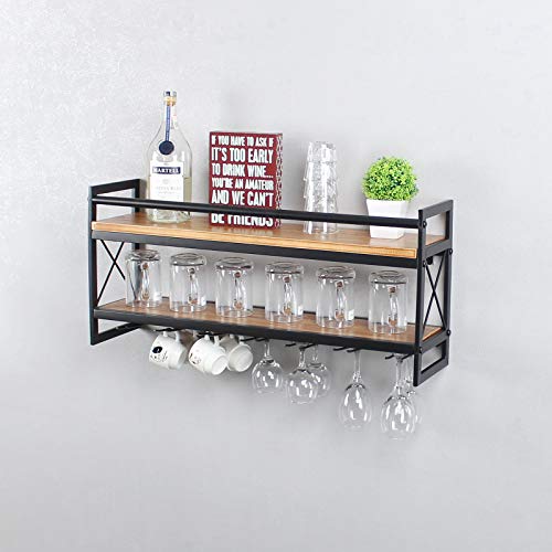 OISSIO Industrial Stemware Rack,Wine Rack Wall Mounted with Wood Shelves,2 Tier Stemware Storage with 7 Stem Glass Holder for Wine Glasses,Mugs,Home Decor,Black(30 inch)