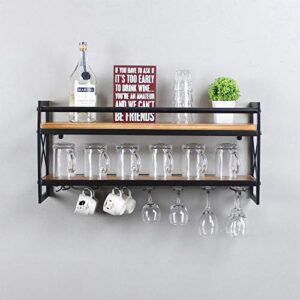 OISSIO Industrial Stemware Rack,Wine Rack Wall Mounted with Wood Shelves,2 Tier Stemware Storage with 7 Stem Glass Holder for Wine Glasses,Mugs,Home Decor,Black(30 inch)