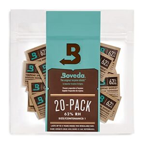 boveda 62% storage humidifier packets – 2 way humidity control packs- size 1-20 count resealable bag – storage container accessories – bulk humidity packs – relative humidity packs – packet