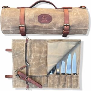 lynx soul marion – le voyageur – waxed canvas with genuine calf top grain leather – handcrafted professional chef’s knife storage roll bag – 8 pockets – (sand)