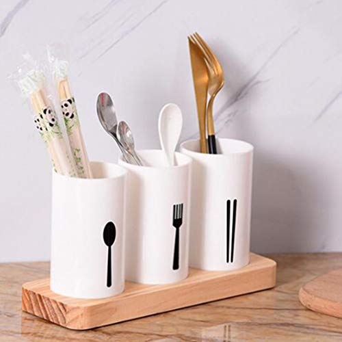 Hemoton 1 Set Utensil Holder Cutlery Utensil Drying Rack Basket Holder with Wood Base for Bar Kitchen Countertop Storage, Organize Forks, Knives, Spoons