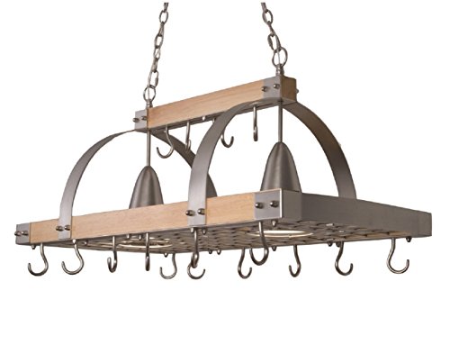 Elegant Designs PR1001-WOD 2 Light Kitchen Wood Pot Rack with Downlights, Wood with Brushed Nickel Accents